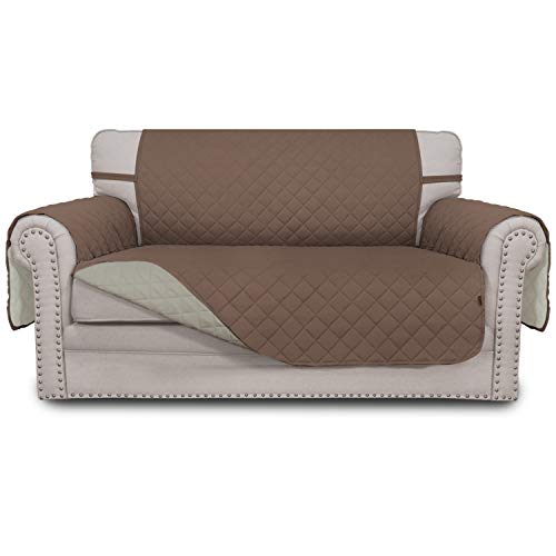 Reversible Loveseat Couch Cover for 2 Cushion Couch Sofa Cover for Dogs Water Resistant Furniture Protector with Foam Sticks Elastic Straps for Pet (Brown/Beige / Medium Loveseat)