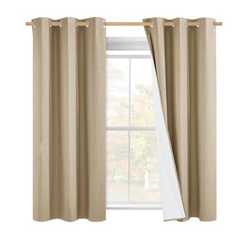 100% Absolutely Blackout Linen Curtains with Thermal Insulated White Liner (42"W x 45"L (Pack of 2) / Camel)