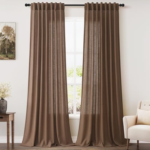 Extra Long Caramel Brown Linen Curtain 108 Inches Long 2 Panels Set Back Tab Linen Drapes for Living Room Modern Farmhouse Light Filtering Semi Sheer Curtains 108 Inch Length for Big Window 52x108 (52"W x 108"L (Pack of 2) / Caramel Brown)