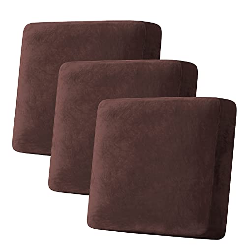 Velvet Stretch Couch Cushion Cover Plush Cushion Slipcover for Chair Loveseat Sofa Cushion Furniture Protector Seat Cushion Sofa Cover (Brown / 3 Cushion XL Sofa)