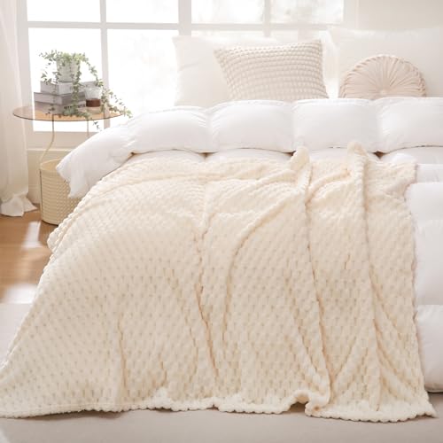 Cream White Throw Blanket 108"×90" Fuzzy 3D Jacquard Decorative (Cream White / 108"×90”)
