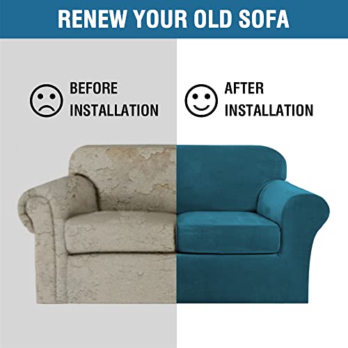 Real Velvet Plush 3 Piece Stretch Sofa Covers Couch Covers for 2 Cushion Couch Loveseat Covers Width Up to 72 Inch Feature Thick Soft Stay in Place (2 Cushion Loveseat / Deep Teal)