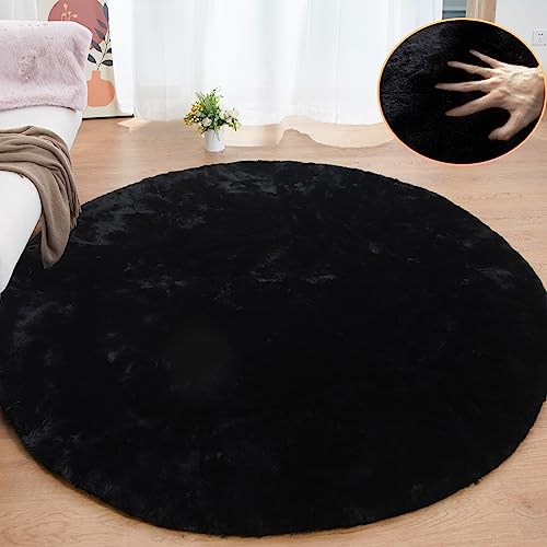 Black Round Rugs 8ft Machine Washable Rabbit Fur Area Rug Large Circle Rugs for Bedroom Faux Sheepskin Rug Cushion Living Room Décor (8' (Round) / Black)