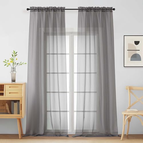 Grey Sheer Curtains for Window 96 Inches Long 2 Panels (42"W x 96"L (Pack of 2) / Charcoal Grey)