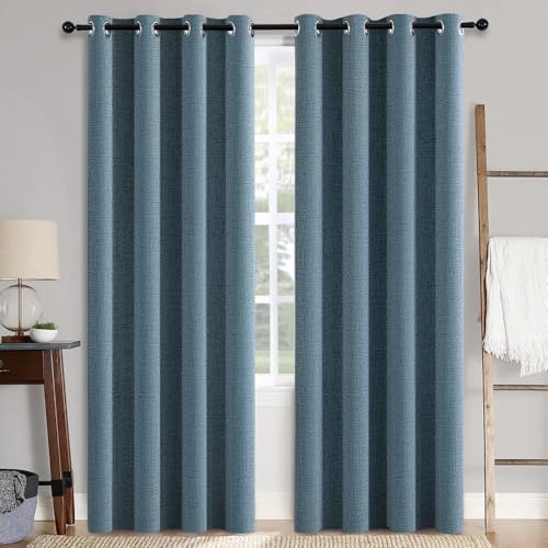 100% Blackout Linen Curtains for Bedroom 52x96 Inches Dusty Blue (Dusty Blue / 52"W x 96"L (Pack of 2))