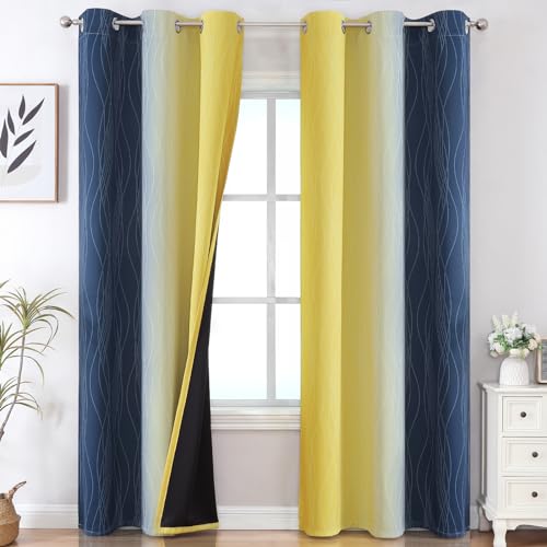 Navy Blue and Yellow Ombre Blackout Curtains for Living Room 84 Inch Long (Navy Blue and Yellow / 42"W x 84"L (Pack of 2))