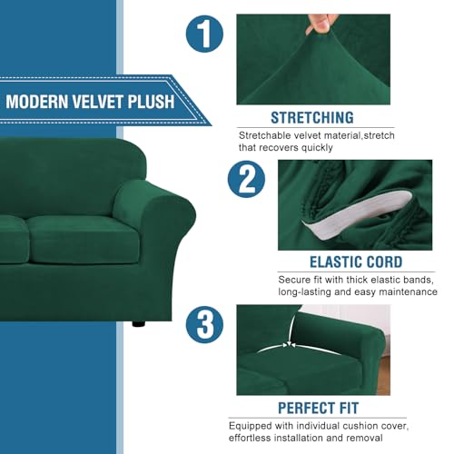 Real Velvet Plush 3 Piece Stretch Sofa Covers Couch Covers for 2 Cushion Couch Sofa Slipcovers Width Up to 90 Inch Feature Thick Soft Stay in Place (2 Cushion Sofa / Green)
