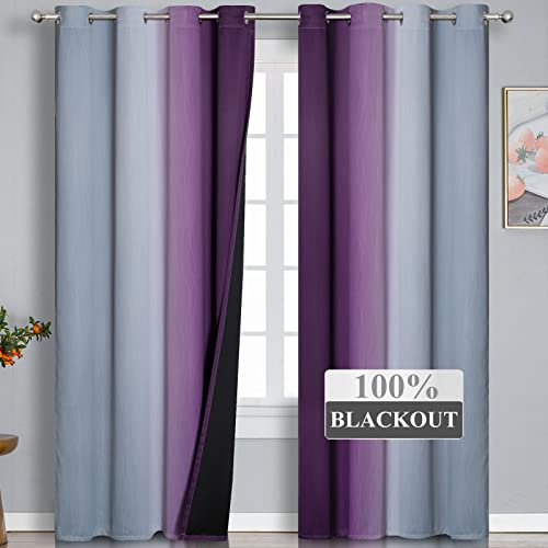 Purple and Grey Ombre Blackout Curtains for Bedroom 52Wx108L Inch 2 Panels (Purple and Grey / 52"W x 108"L (Pack of 2))