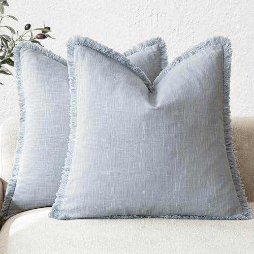 Decorative Linen Fringe Throw Pillow Covers 24×24 Inch (24" x 24" (Pack of 2) / Sky)