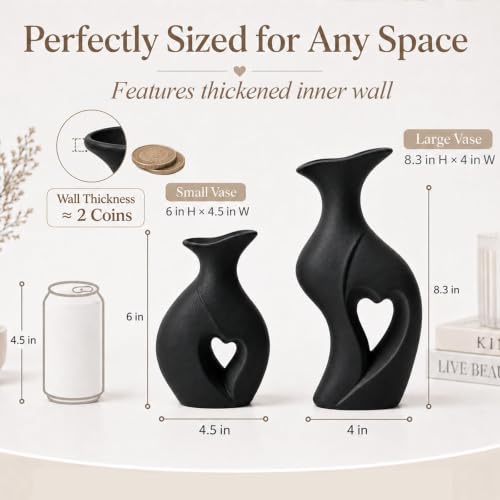 Modern Heart Shaped Ceramic Vases Set of 2 Flower Vase (Black)