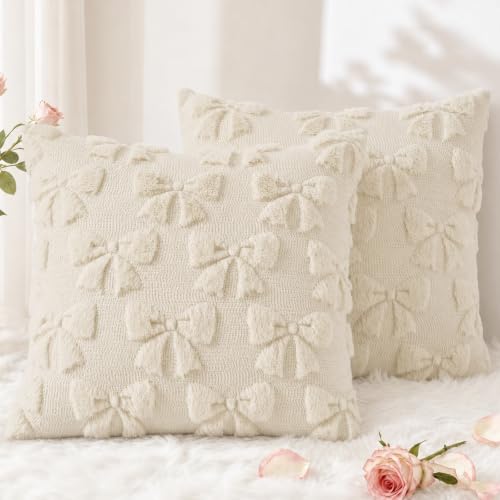 Beige Bow Cute Girl Faux Fur Throw Pillow Covers 20x20 Set of 2 (Beige Bow / 20" x 20" (Pack of 2))