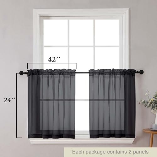 Kitchen Curtains 24 Inch Length Tier 2 Pieces (Black / 42"W x 24"L (Pack of 2))