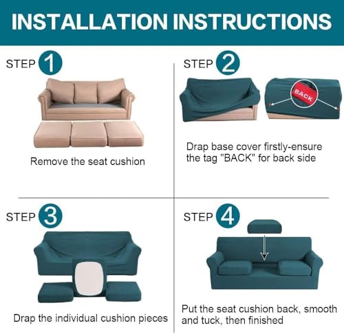 4 Piece Sofa Covers for 3 Cushion Couch Sofa Slipcover Soft Couch Cover for Dogs Washable Furniture Cover with 3 Individual Large Cushion Covers Feature Fabric (L Sofa (3 Cushion) / Deep Teal)