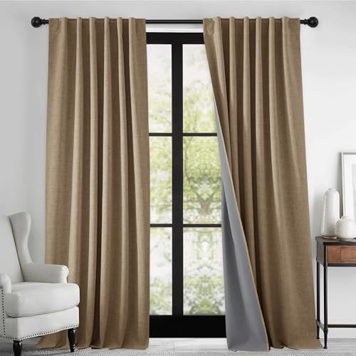 Burlap Linen Textured 100% Blackout Curtains 108 Inches for Loft (Burlap / 52"W x 108"L (Pack of 2))