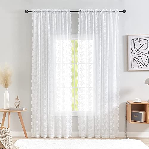 Vintage Lace Curtains White Sheer Curtains 96 inches Long 2 Panels Old Fashion Floral Victorian Voile Panels for Living Room Bedroom Rod Pocket Light Filtering 52Wx 96L (Bright White / 52"W x 96"L (Pack of 2))