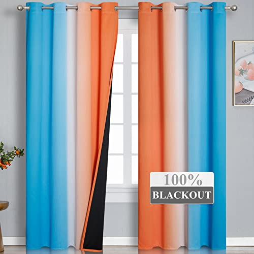 Ombre Orange and Blue Blackout Curtains 52Wx84L Inch Long (Blue and Orange / 52"W x 84"L (Pack of 2))