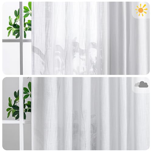 Floor to Ceiling Curtains 108 Inches White Sheer Window Drapes 1 Panel for Sliding Glass Door Back Tab Draperies Linen Look Boho Fabric (100"W x 108"L (Pack of 1) / White)