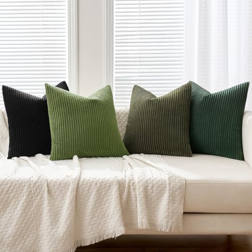Soft Corduroy Decorative Throw Pillow Covers Neutral Green 18x18 (18" x 18" (Pack of 4) / Green-black)
