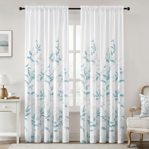 Non-See-Through Teal and White Privacy Sheer Curtains (Leaves-teal / 52"W x 96"L (Pack of 2))