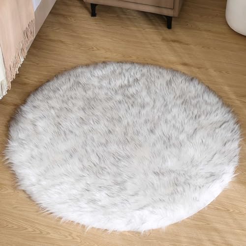 Round Fluffy Rug 3ft White with Grey Tips Circle Faux Sheepskin Fur Rug for Bedroom Living Room Fuzzy Furry Small Décor Washable (3' (Round) / White and Grey Tips)