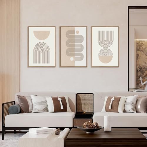 Framed Boho Wall Art Set of 3 (Beige Geometric Line / 24"L x 36"W)