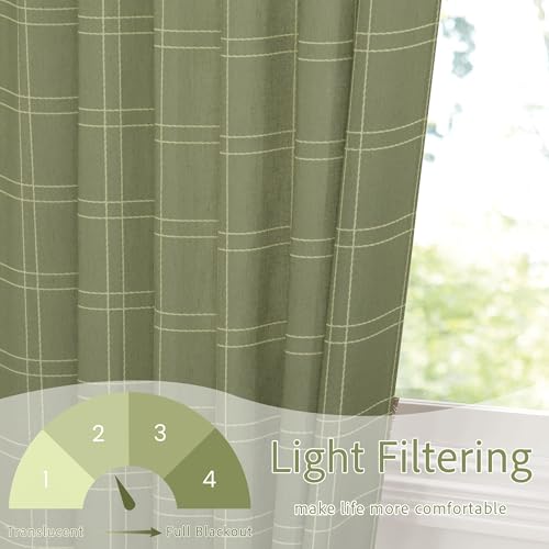 Green Plaid Linen Curtains Privacy Light Filtering for Bedroom (52"W x 90"L (Pack of 2) / Grid Pattern | Green)
