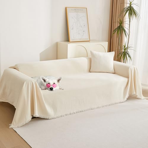 Couch Cover 3 Cushion Sofa with Tassel (91" x 150" / Tassels Edge-beige)