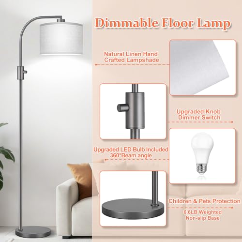 Upgraded Modern Arc Dimmable Tall Standing Floor Lamp with Gray Shade (Gray-Gray Shade)