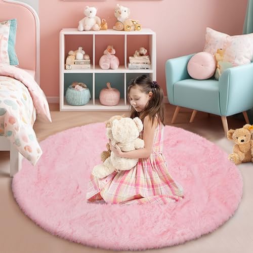 Pink Fluffy Round Area Rugs for Bedroom (Pink / 6' (Round))