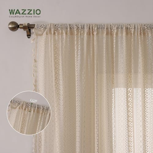 Boho Lace Curtains 108 Inch 2 Panel (59"W x 108"L (Pack of 2) / Beige)