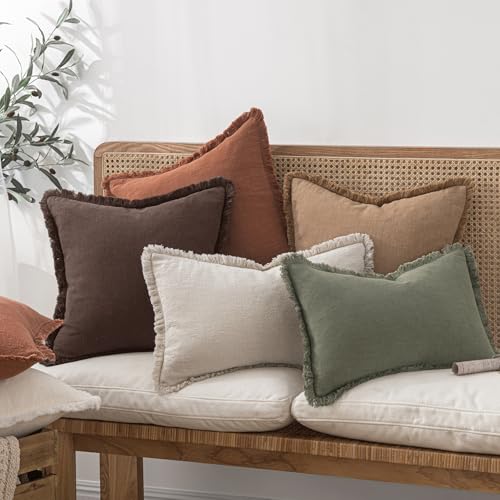 Linen Fringe Decorative Fall Throw Pillow Covers Dark Brown 20x20 (20" x 20" (Pack of 2) / Dark Brown)