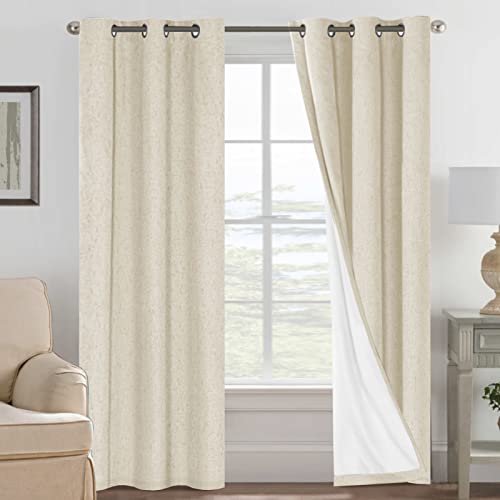 100% Blackout Curtains for Bedroom Thermal Insulated Linen Textured Curtains Heat and Full Light Blocking Drapes Living Room Curtains 2 Panel Sets (Bleached Sand / 42"W x 84"L (Pack of 2))