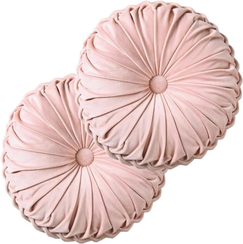 Set of 2 Pink Velvet Decorative Round Pleated Throw Pillows (Pink)