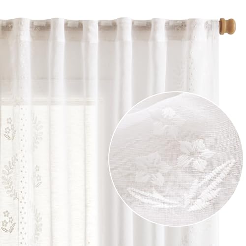 Floral Sheer Curtains (S | White / 50"W x 63"L (Pack of 2))