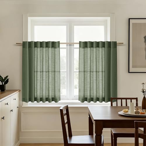 Short Linen Curtains 36 Inch Length for Kitchen Windows Over Sink Olive Green Light Filtering Back Tab and Rod Pocket Neutral Curtains for Cafe Basement 30 x 36 Inch (30"W x 36"L (Pack of 2) / Loden)