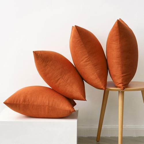 Pack of 4 Decorative Outdoor Throw Pillow Covers Linen Waterproof Pillow Covers Summer Farmhouse Cushion Cases for Patio Garden Tent Balcony Couch Sofa 16x16 Inch Orange (16" x 16" (Pack of 4) / Orange)