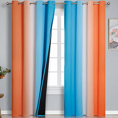 Ombre Orange and Blue Blackout Curtains 52Wx84L Inch Long (Blue and Orange / 52"W x 84"L (Pack of 2))