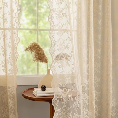 Vintage Lace Curtains 108 Inches Long (Beige / 52"W x 108"L (Pack of 2))