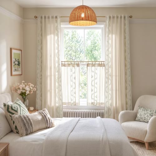 Green Floral Linen Kitchen Tier Curtains 24 Inch (A| Sage / 26"W x 24"L (Pack of 2))