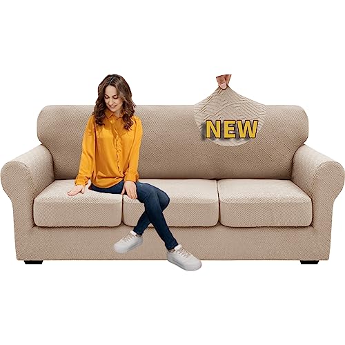 4 Piece Stretch Sofa Cover (71"-91"(3 Cushions) / Khaki)