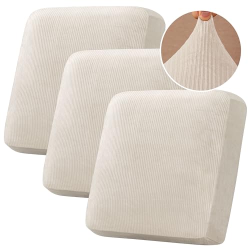 Velvet Stretch Couch Cushion Cover Plush Cushion Slipcover for Chair Loveseat Sofa Cushion Furniture Protector Seat Cushion Sofa Cover (Striped Ivory / 3 Cushion XL Sofa)