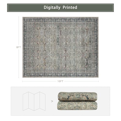 Green Retro 8x10 Washable Area Rugs for Living Room (8' x 10' (Rectangular) / Green-olive-beige-brown-charcoal)