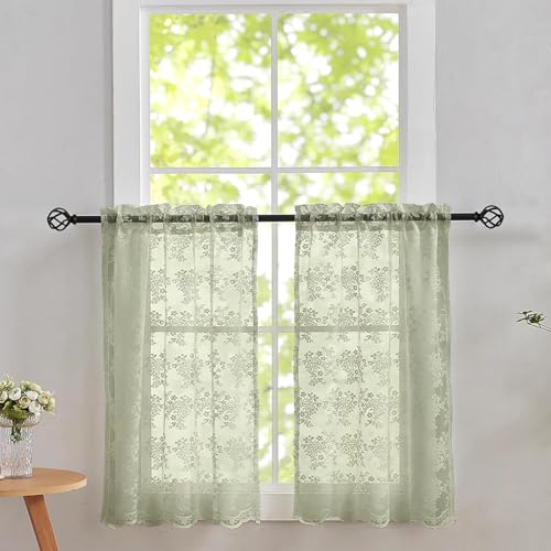 Vintage Lace Curtains 24 Inch Length (Sage Green / 26"W x 24"L (Pack of 2))