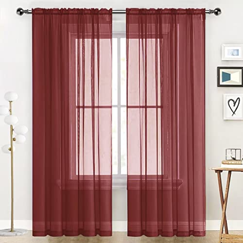 Basic Rod Pocket Sheer Voile Window Curtain Panels Burgundy 1 Pair 2 Panels 52 Width 63 Inch Long for Kitchen Bedroom Children Living Room Yard (Burgundy / 52"W x 63"L (Pack of 2))