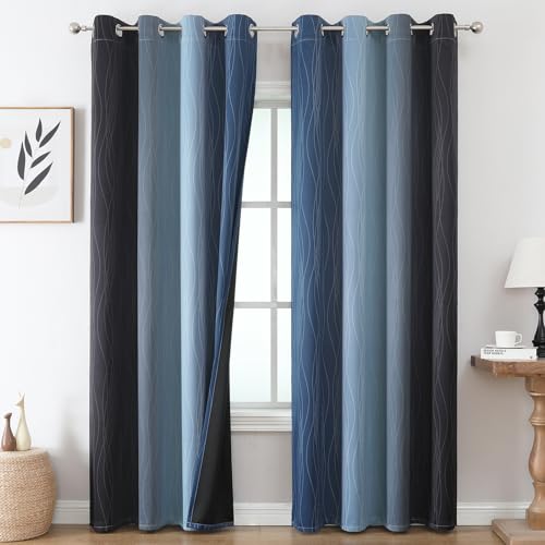 Navy Blue and Black Ombre Blackout Curtains for Living Room 96 Inch Length (Black and Navy Blue / 52"W x 96"L (Pack of 2))