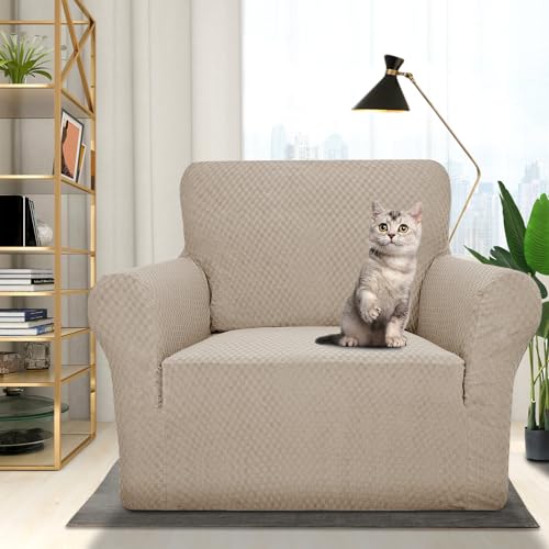 1 Piece Jacquard Chair Slipcovers for Living Room High Stretch Chair Covers with Arms Anti Slip Pets Friendly Couch Sofa Armchair Cover Furniture Protector (Small (31"-46") / Khaki)
