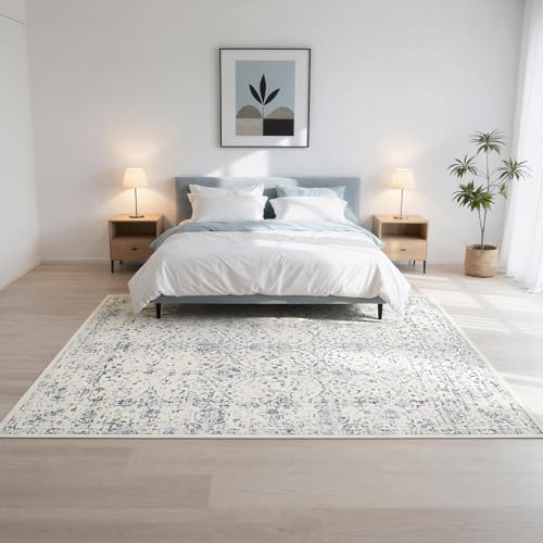8x10 Boho Washable Area Rug for Living Room (8' x 10' (Rectangular) / White-blue)
