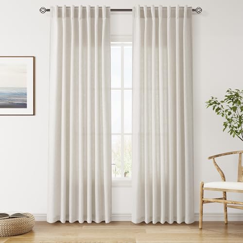 Pearl White Linen Curtains 84 Inches Long for Living Room Light Filtering Semi Sheer Curtain Back Tab and Rod Pocket Coastal Decor Elegant Neutral Luxury Drapes for Bedroom 52x84 (52"W x 84"L (Pack of 2) / Pearl White)