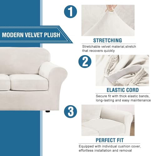 Modern Velvet Plush 4 Piece High Stretch Sofa Slipcover Sofa Cover Furniture Protector Form Fit Thick Velvet Sofa Cover for 3 Cushion Couch Width Up to 90 Inch (3 Cushion Sofa / Porcelain White)