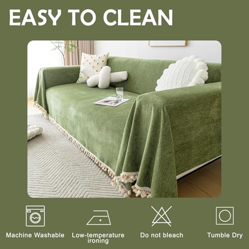 Green Sofa Cover Vintage Couch Cover for Dogs 91" X134" Couch Cushion Covers with Tassel Herringbone Sofa Cover Boho Sofa Covers for 3 Cushion Couch Chenille Soft Loveseat Sofa Covers (91" x 134" / Tassel Ball: Green)